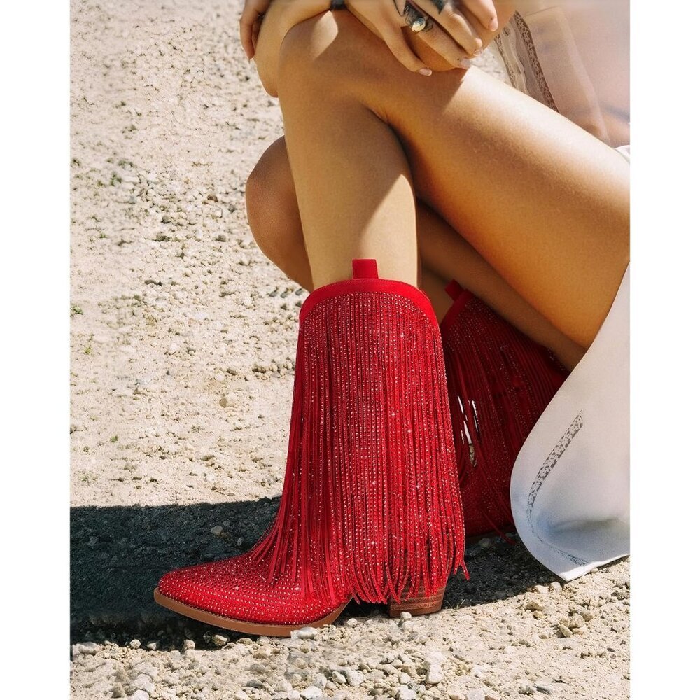 Women's Red Rhinestone Sparkly Fringe Chunky Heel Pointed Toe Ankle Boots - Picture 4 of 7